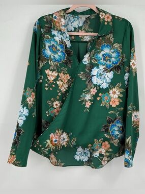 belle + sky Green Floral Wrap-Style Blouse with Blue & Cream Blooms